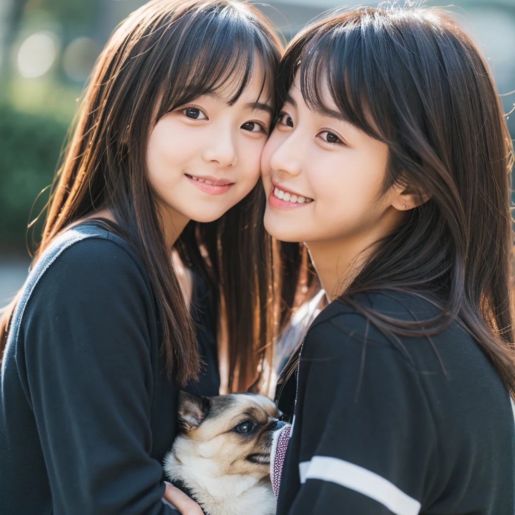 Create an anime-style portrait of a Japanese girl。Her hair is short and dark brown。The girl has a gentle smile。She looks loving、Holding a cute dog、It&#39;s a scene that evokes warmth and camaraderie.。Background、It should be a blend of warm and cool colors that complement the overall composition.。She is wearing a light blue dress with intricate details.、Gives an elegant impression。The overall atmosphere of the piece is bright and attractive.、Capture the girl&#39;s kind and friendly personality。