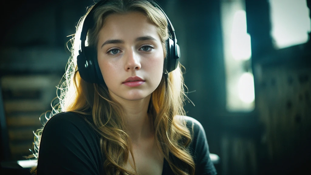 Beautiful blonde with big breasts in a black T-shirt (Sitting in tears in the dark ruins),Wearing headphones,Very detailed, 21 years old, Innocent face, Naturally Wavy Hair, blue eyes, High resolution, masterpiece, Highest quality, Intricate details, Very detailed, Clear focus, Delicate skin, practical skin texture, texture, Delicate eyes, Professional, 4K, Sad crying face, Shot with Canon, 85mm, Shallow and deep, Kodak Vision Color, Exactly, Very detailed, photograph_\(Extremist\), photographpractical, practical, Post-processing, Maximum details, Roughness, Real Life, Extremist practical, Photorealism, photographgraphy, 8K Ultra HD, photographgraphy