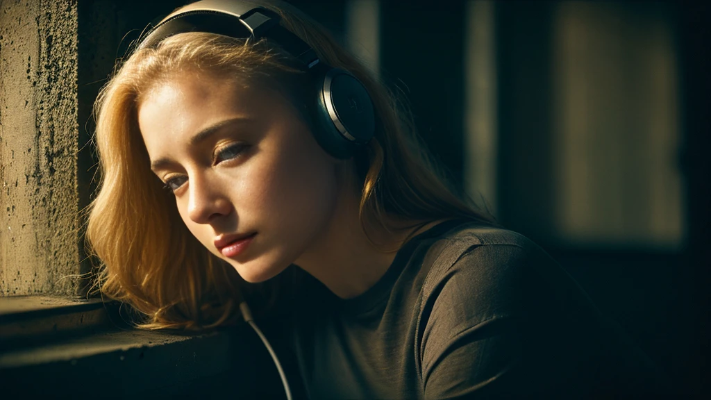 Beautiful blonde with big breasts in a black T-shirt (Sitting in tears in the dark ruins),Wearing headphones,Very detailed, 21 years old, Innocent face, Naturally Wavy Hair, blue eyes, High resolution, masterpiece, Highest quality, Intricate details, Very detailed, Clear focus, Delicate skin, practical skin texture, texture, Delicate eyes, Professional, 4K, Sad crying face, Shot with Canon, 85mm, Shallow and deep, Kodak Vision Color, Exactly, Very detailed, photograph_\(Extremist\), photographpractical, practical, Post-processing, Maximum details, Roughness, Real Life, Extremist practical, Photorealism, photographgraphy, 8K Ultra HD, photographgraphy
