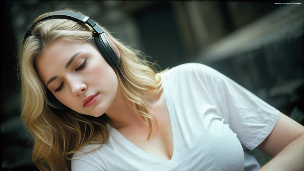 Beautiful blonde with big breasts in a black T-shirt (I sit in the dark ruins with my eyes closed and tears streaming down my face),Wearing headphones,Very detailed, 21 years old, Innocent face, Naturally Wavy Hair, blue eyes, High resolution, masterpiece, Highest quality, Intricate details, Very detailed, Clear focus, Delicate skin, practical skin texture, texture, Delicate eyes, Professional, 4K, Sad crying face, Shot with Canon, 85mm, Shallow and deep,  Kodak Vision Color, Exactly, Very detailed, photograph_\(Extremist\), photographpractical, practical, Post-processing, Maximum details, Roughness, Real Life, Extremist practical, Photorealism, photographgraphy, 8K Ultra HD, photographgraphy