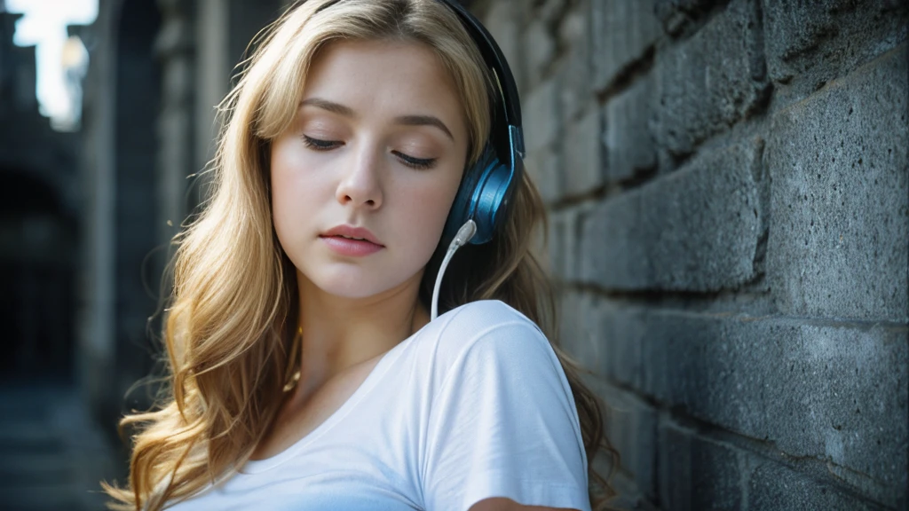 Beautiful blonde with big breasts in a black T-shirt (I sit in the dark ruins with my eyes closed and tears streaming down my face),Wearing headphones,Very detailed, 21 years old, Innocent face, Naturally Wavy Hair, blue eyes, High resolution, masterpiece, Highest quality, Intricate details, Very detailed, Clear focus, Delicate skin, practical skin texture, texture, Delicate eyes, Professional, 4K, Sad crying face, Shot with Canon, 85mm, Shallow and deep, Kodak Vision Color, Exactly, Very detailed, photograph_\(Extremist\), photographpractical, practical, Post-processing, Maximum details, Roughness, Real Life, Extremist practical, Photorealism, photographgraphy, 8K Ultra HD, photographgraphy