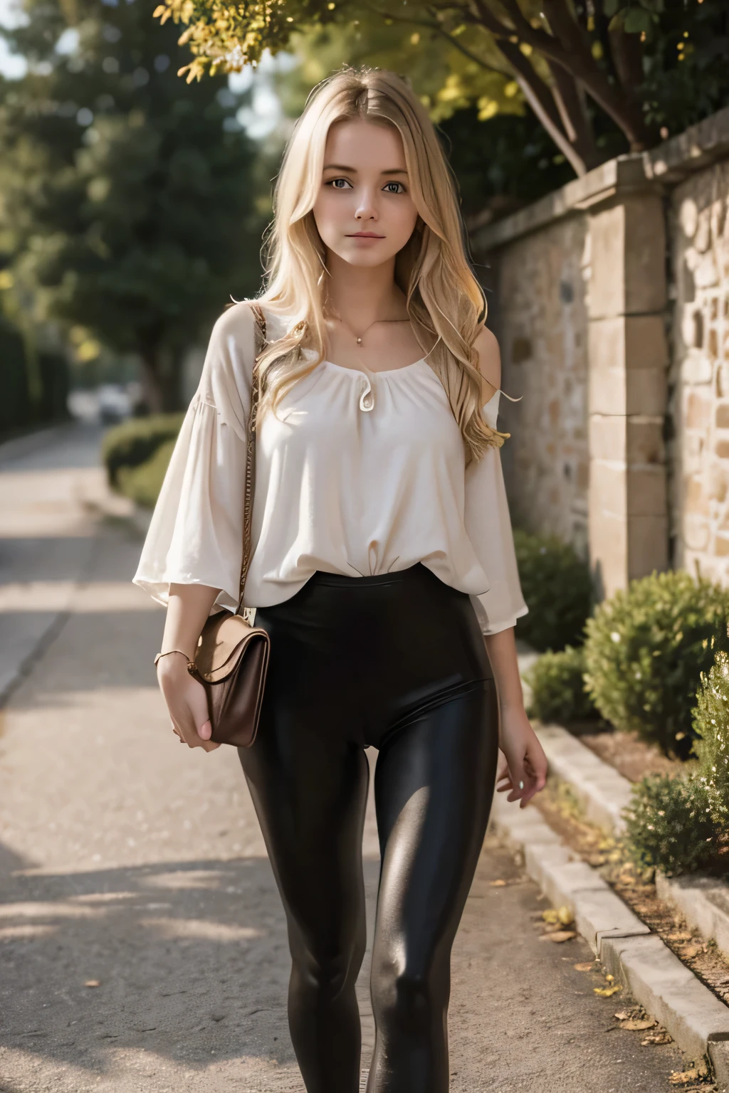 Une fille de 18 ans ressemble à Raiponce, Petit , cheveux blond, leggings, haut court