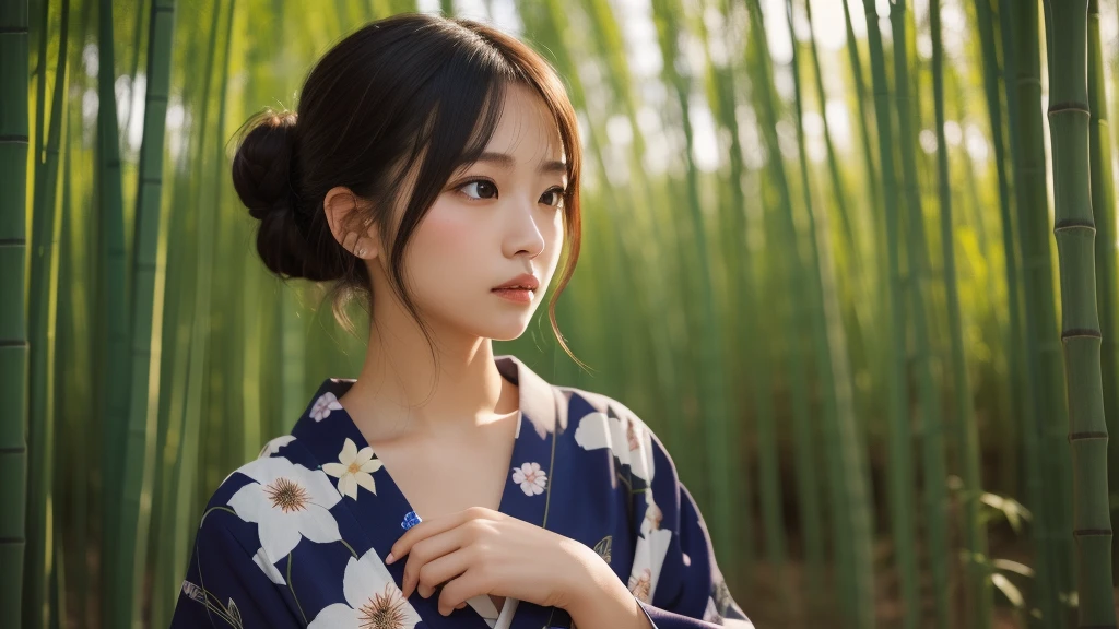 (1women), bun hair, (round eyes:1.2), (highly detailed face), (extremely detailed beautiful face), (floral pattern yukata), (Best Quality:1.4), (Ultra-detailed), extremely detailed CG unified 8k wallpaper, Realistic portrait, Beautiful detailed, High-definition raw color photos, professional photography, night sky, tanzaku, a bamboo thicket, (Japan's Tanabata, Tanabata night), tanzaku, beautiful milky way, bamboo, scenery, plant, (fine face:1.2), focus on women