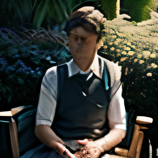 a man sitting in a garden, vest with apron, highy detailed, Zwxthejx , 1900s, animated cartoon, beautiful lighting, sunlit