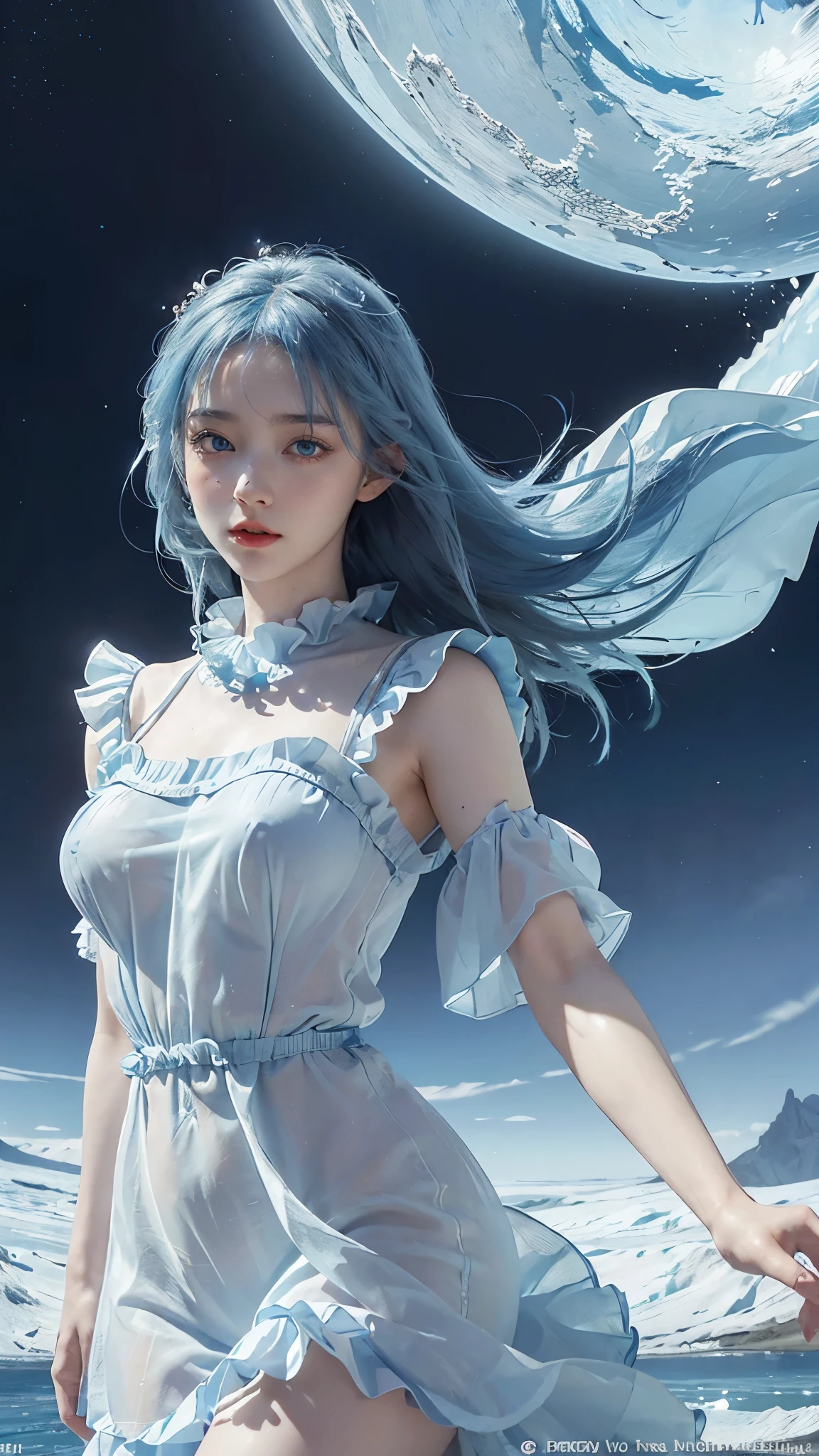 absurdres, highres, (official art, beautiful and aesthetic:1.2), (near vision:1.15), (1girl, blue hair, medium hair, blue eyes, bright eyes, long white dress, blue ruffle,:1.2) blue sky, Shimmering Galaxy, (Salar de Uyuni:1.2), (fractal art:0.8), water effects, ripple effects, (flower effects: 0.65), light effects,