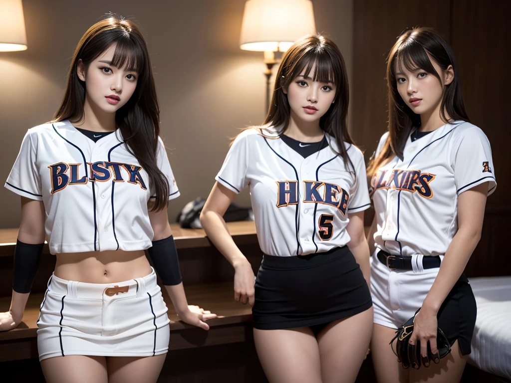 (RAW photo, 4k, masterpiece, high resolution, extremely complex) (realistic: 1.4), cinematic lighting
((2 girls)),Slam Dunk's,blushing,((innocent)),(Dark makeup),bright eyes,round eyes,blunt bangs,(straight hair:1.3),black hair,large breasts,wide hips,Summer Noon, 20 year old girl、cute type、lolita,Hot, (Best Quality), (Highres), (an Extremely Delicate and Beautiful),(Beautiful 8k face),(Brown eyes),short bob hair,( spectators),(gigantic breasts),(Play with each other,Touching each other's bodies,Touching the body),((Baseball Uniforms), a miniskirt, Toned buttocks),(reality),bright lighting,(The background is a luxury hotel room)