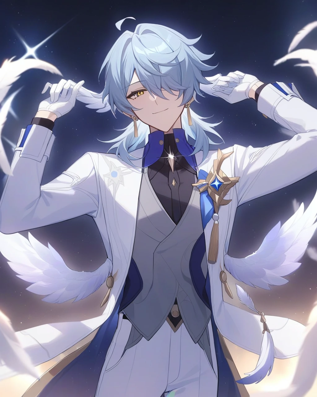 masterpiece,best quality,sunday_(honkai:_star_rail), pants, grey_vest, gold_trim, standing, open_clothes, black_shirt, sidelocks, white_coat, one_eye_covered, night star background, tassel, smile, vest, hands_up, starry_sky, looking_at_viewer, gloves, solo, star_\(sky\), sparkle, glint, diffraction_spikes, open_coat, shirt, hair_over_one_eye, long_sleeves, jewelry, white_gloves, white_jacket, jacket, ahoge, open_jacket, 1boy, male_focus, feathers, earrings, white_pants, coat