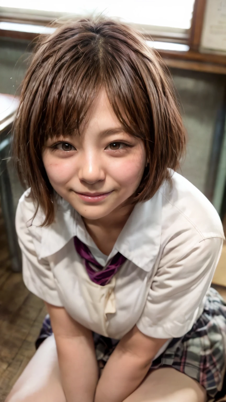 (Realistic、Like a photograph、Live Action、8K, Realistic, RAW Photos, Best image quality: 1.4), Single-lens reflex camera、RAW Photos, Highest quality, Realistic, Very detailedな CG Unity 8K 壁紙, Written boundary depth, Cinematic Light, Lens flare, Ray Tracing, Realistic background、Many people々々:1.4、((Japanese schoolgirl:1.3、Uni shape skirt:1.3)、Big Breasts)、((Ultra-Dense Skin))、 1 female,Cute high school girl squatting、Squat down and see panties、((Girls sitting in a school classroom、(whole body:1.5)、Smiling at school in Japan))、Pink inner color hair、short hair:1.2、tie your hair with a hair clip、I like that style、stylish、Very detailed、Pay attention to the details、Perfect outfit、(Sunburned skin)、Beautiful legs:1.1,Thighs、View from below the front、Detailed white panties