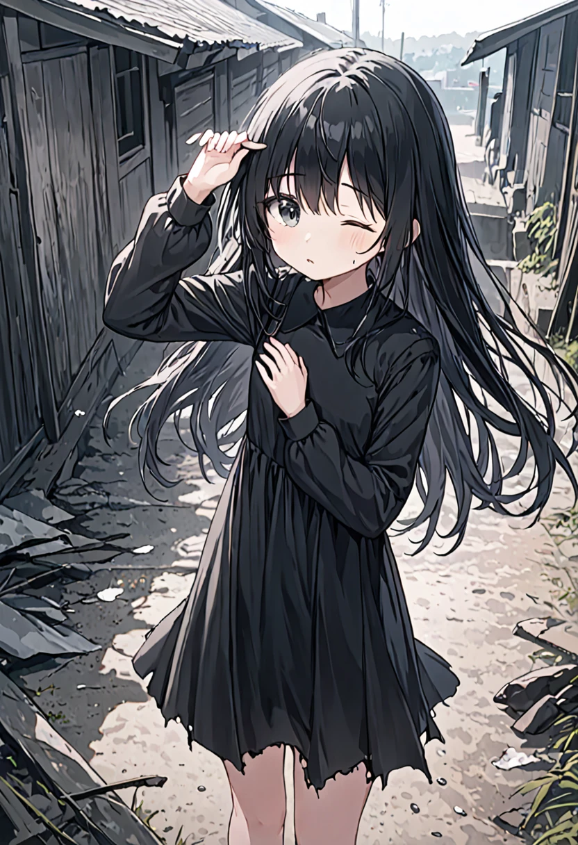 1girl, solo, long hair, looking at viewer, bangs, black hair, long sleeves, dress, closed mouth, standing, outdoors, one eye closed, tears, hand up, medium hair, black dress, gray eyes, torn clothes, 