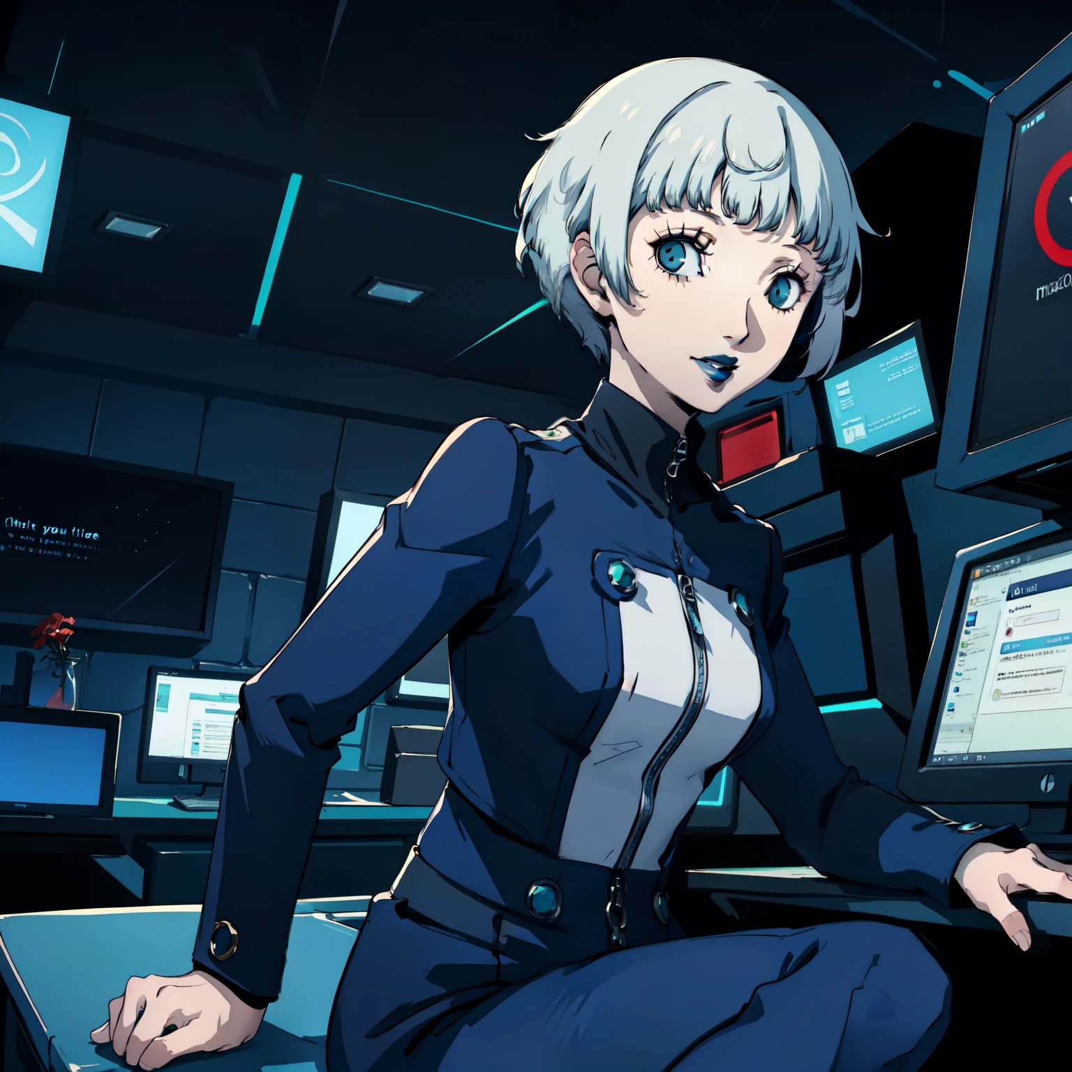 masterpiece, ((best quality)),((1 girl)), blue eyes, black lipstick, aqua hair, female , tomboy Pixie haircut, deep blue suit, white hair, white hair,smiling,hacker,in the,dark room,sitting,looking monitor,sexy
