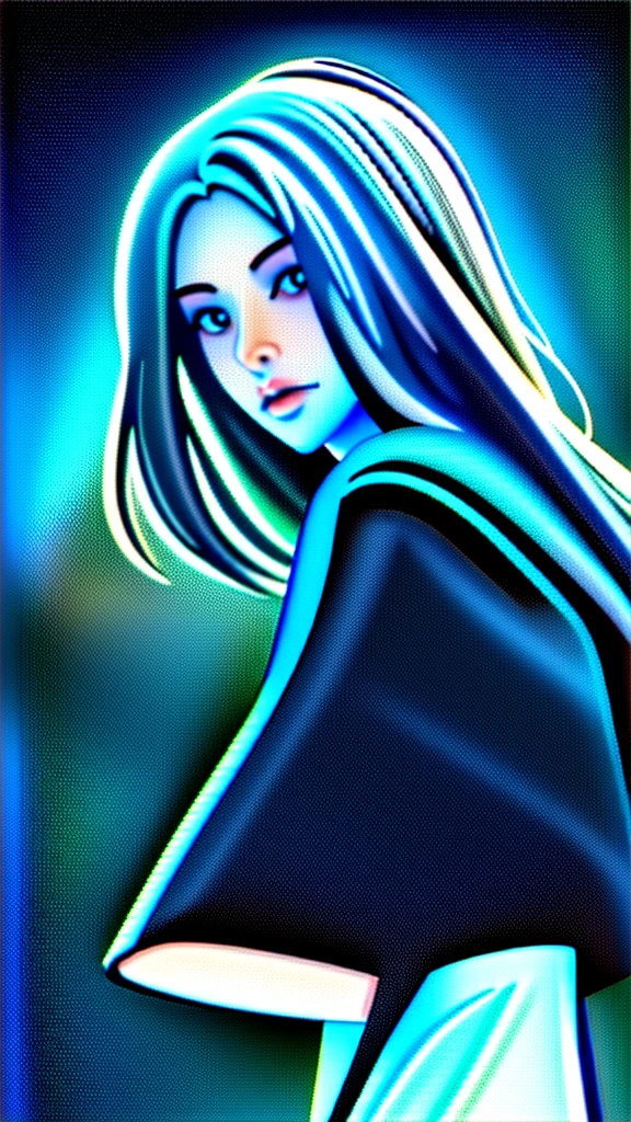Anime-style photo-like images、The background is dark blue、The woman has blue eyes、Facing forward
