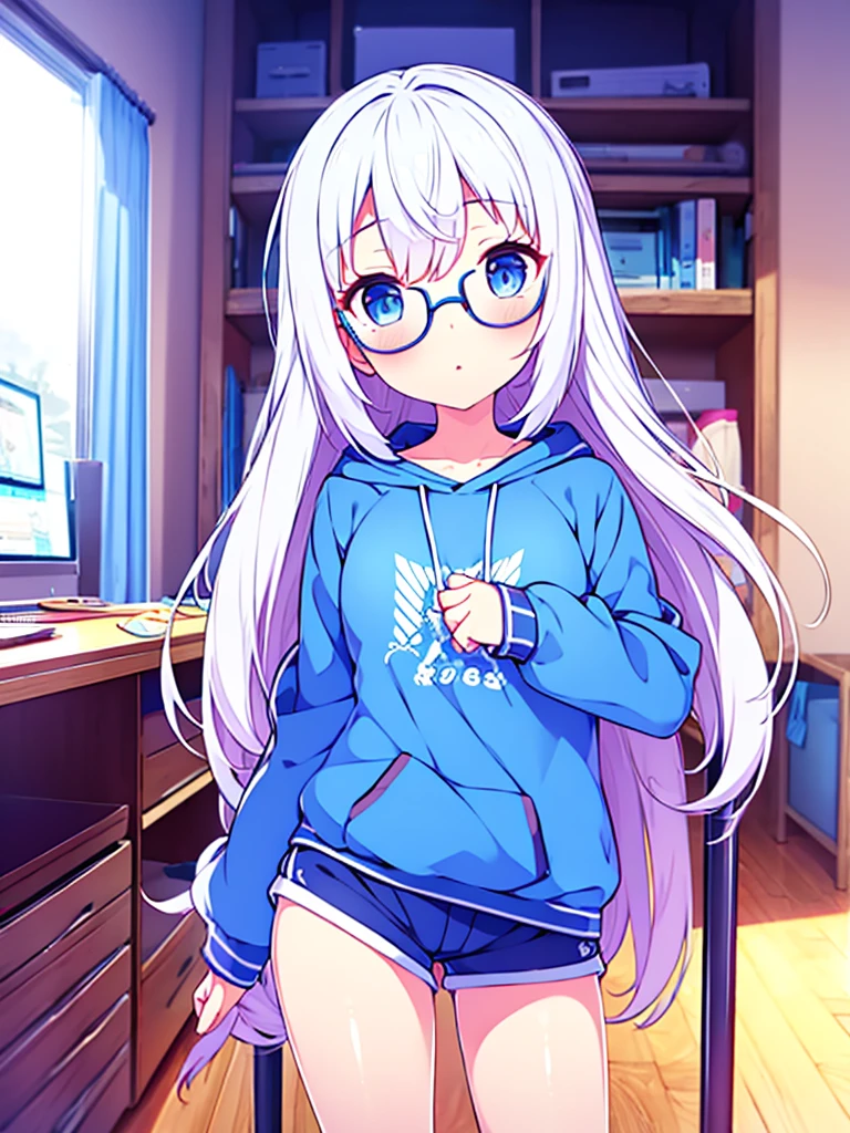 vtuber beautiful blue sweatshirt blue shorts beautiful girl blue eyes long white hair with glasses perfect   in room in front of pc gaming