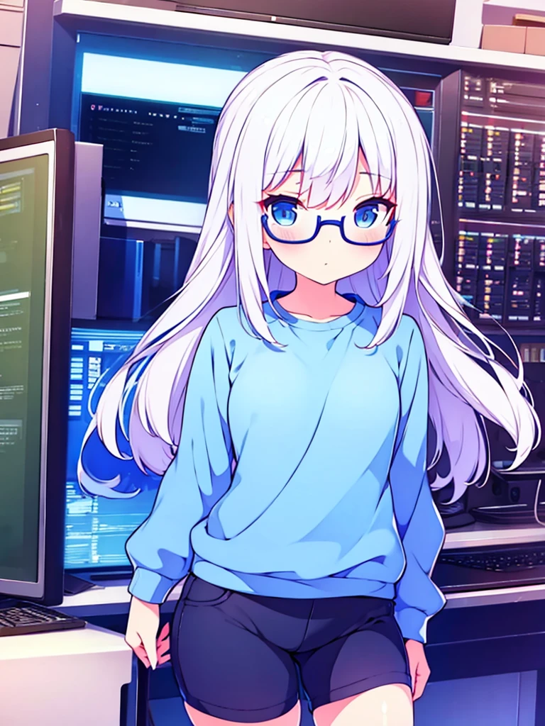 vtuber beautiful blue sweatshirt blue shorts beautiful girl blue eyes long white hair with glasses perfect anatomy in room in front of pc gaming
