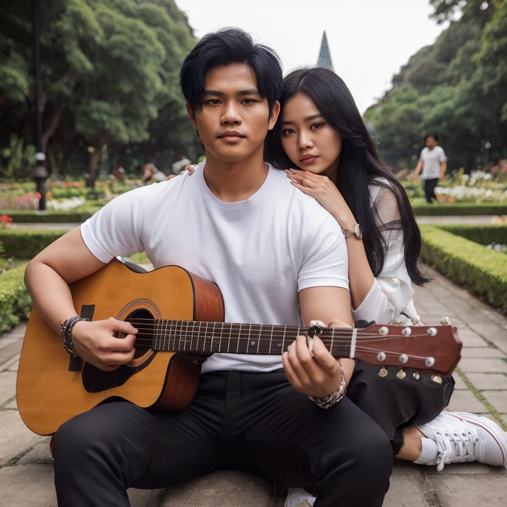 full body, a handsome Indonesian man with black hair, wearing a white hoodie, black trousers, wear sneakers, he was playing guitar in a beautiful garden. behind him is a beautiful woman (his girlfriend) was embracing Lelski's neck, the black-haired woman was hugging Mersa. Their faces are facing forward looking at the camera, the picture is very clear,nyata realistic 64k