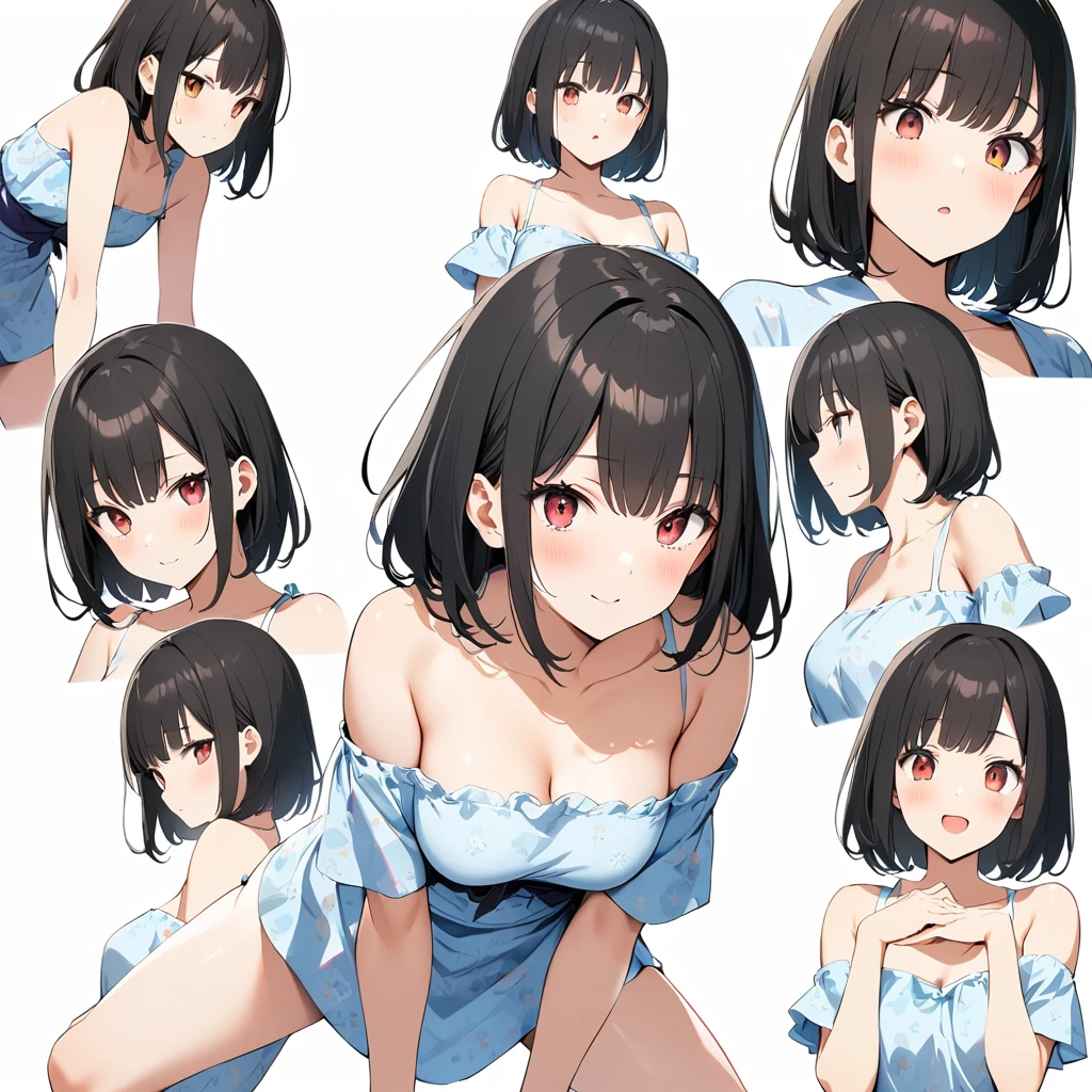 16k works,Highest quality,18-year-old,No background.White background only,whole body、Kneel,Dynamic and sexy pose, One person, Beautiful Face,, Symmetrical eyes, Perfect body, Good balance、 Perfect body、Bob black hair、（Infant body type 1.2）、（Floral Yukata 1.2）、