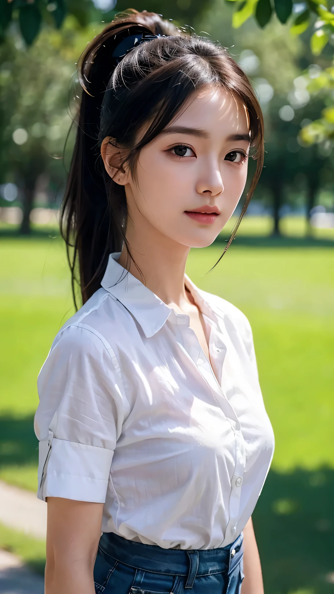 White collared shirt,jeans,outdoors,Urban Park,On the lawn,One woman,close up face,fully body photo,masutepiece, The highest image quality, High quality, the background is clear，Beautiful woman, Japanese, Detailed, Ultra-detailed, finely detail, hight resolution, 8K Wallpaper, Perfect dynamic composition, Beautiful detailed eyes ,Detailed eyes, Detailed skin, Beautiful skin, 超hight resolution, (reality: 1.4),Very beautiful woman, Slightly younger face, Beautiful skin, slender, (Ultra photo realsisim), (hight resolution), (8K), (Very detailed) (beautifully detailed eyes), (super detailed),   (Detailed face), view the viewer, Fine details, Detailed face, Staring straight ahead, Staring straight ahead, photos realistic, Bright lighting, Professional Lighting, Black hair,poneyTail,a baby face,sixteen years old,Hairstyle: ponytail,Long ponytail hairstyle,slight smile,
