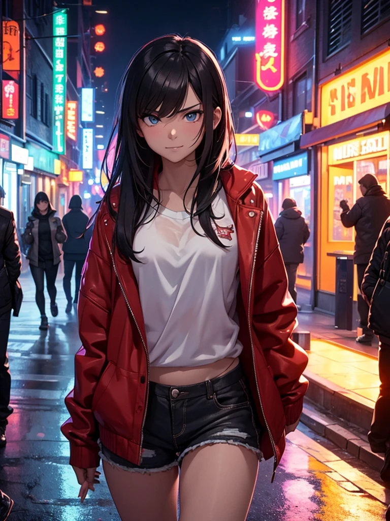 (masterpiece、top-quality、hight resolution), From the perspective of a man attempting to enter a red-light district, he is caught by surprise as he is recognized by a former school bully, a delinquent girl from his student days. The scene is tense and awkward, with the bustling, neon-lit streets of the red-light district in the background. The delinquent girl, dressed in a casual yet rebellious manner, smirks and teases him, saying something mocking like, "Well, well, look who we have here, trying to sneak into the red-light district." Her demeanor is confident and taunting, adding to the man's discomfort and embarrassment. nsfw