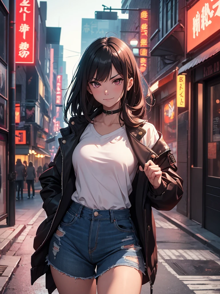 (masterpiece、top-quality、hight resolution), From the perspective of a man attempting to enter a red-light district, he is caught by surprise as he is recognized by a former school bully, a delinquent girl from his student days. The scene is tense and awkward, with the bustling, neon-lit streets of the red-light district in the background. The delinquent girl, dressed in a casual yet rebellious manner, smirks and teases him, saying something mocking like, "Well, well, look who we have here, trying to sneak into the red-light district." Her demeanor is confident and taunting, adding to the man's discomfort and embarrassment. nsfw