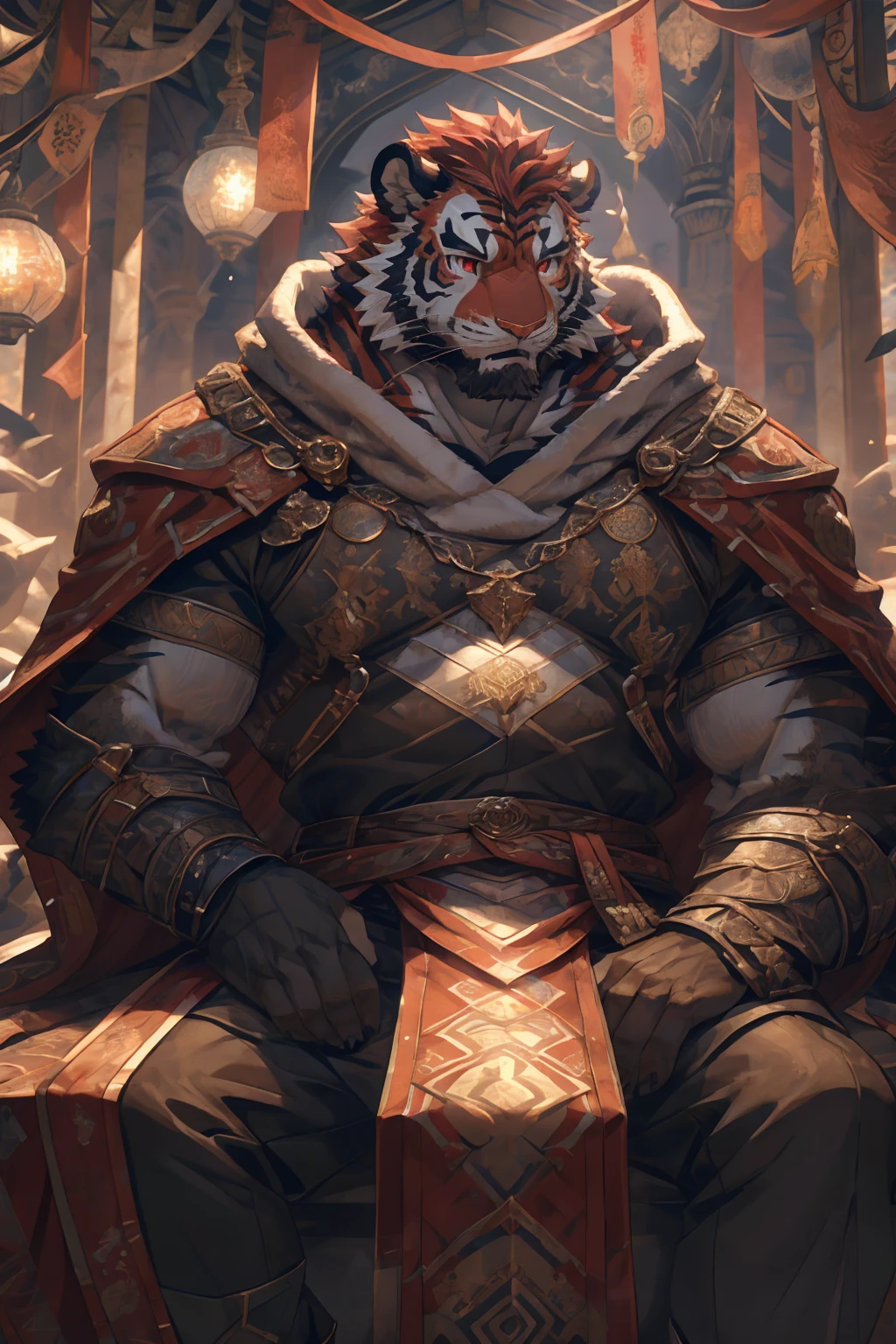 (赤红色tiger),(赤红流火Military commander战袍),Holding a long sword,Awesome posture,Sitting quietly on the edge of the cliff,(The background is a city with bright lights.:1.2),Abdominal muscles,Heroic飒爽,完美的masterpiece,Various facial details,Close-up view,specific description,masterpiece,cg,(Red eyes),Crimson pattern,Crimson tail,Military commander,Heroic,tiger,Crimson fur,Detailed facial details,Half Body,(赤红Military commander战履),(Long feather),((middle aged)),(Face Focus),(16K),HD,Red and white abdomen,temple,beard,(Face lines),Heterochromia,(Red battle robe),(Crimson hair),Strong,muscle,(high resolution:1.3),(Sitting on the cliff and looking at the lights of thousands of houses)