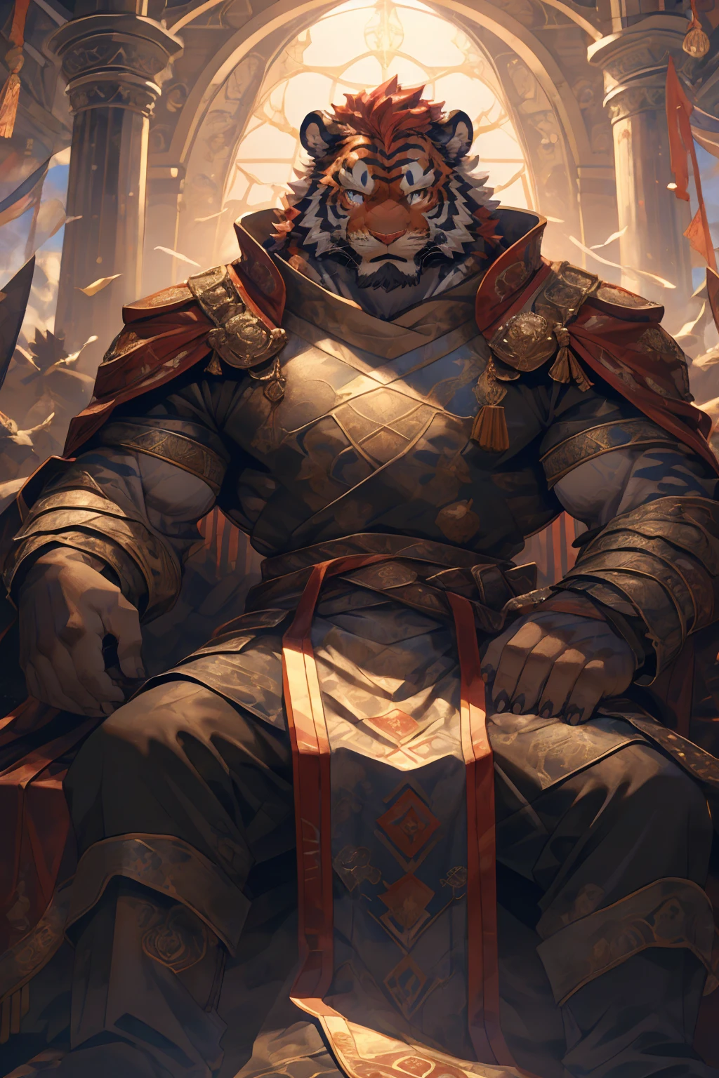 (赤红色tiger),(赤红流火Military commander战袍),Holding a long sword,Awesome posture,Sitting quietly on the edge of the cliff,(The background is a city with bright lights.:1.2),Abdominal muscles,Heroic飒爽,完美的masterpiece,Various facial details,Close-up view,specific description,masterpiece,cg,(Red eyes),Crimson pattern,Crimson tail,Military commander,Heroic,tiger,Crimson fur,Detailed facial details,Half Body,(赤红Military commander战履),(Long feather),((middle aged)),(Face Focus),(16K),HD,Red and white abdomen,temple,beard,(Face lines),Heterochromia,(Red battle robe),(Crimson hair),Strong,muscle,(high resolution:1.3),(Sitting on the cliff and looking at the lights of thousands of houses)