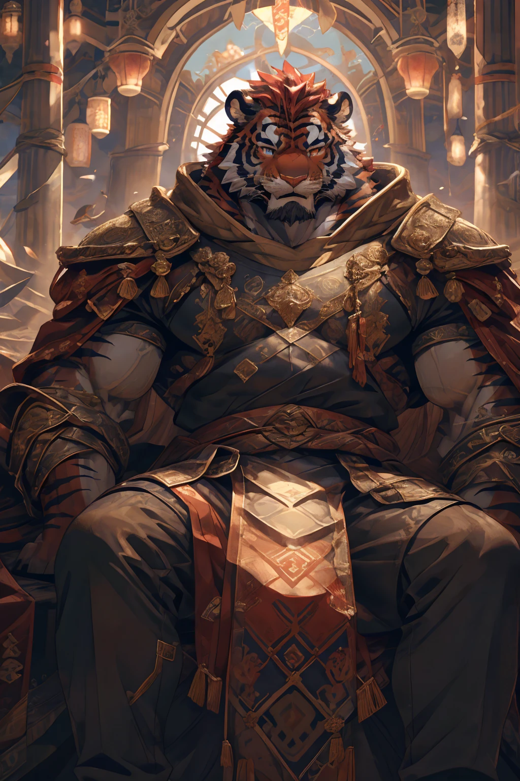 (赤红色tiger),(赤红流火Military commander战袍),Holding a long sword,Awesome posture,Sitting quietly on the edge of the cliff,(The background is a city with bright lights.:1.2),Abdominal muscles,Heroic飒爽,完美的masterpiece,Various  details,Close-up view,specific description,masterpiece,cg,(Red eyes),Crimson pattern,Crimson tail,Military commander,Heroic,tiger,Crimson fur,Detailed  details,Half Body,(赤红Military commander战履),(Long feather),((middle aged)),(Face Focus),(16K),HD,Red and white abdomen,temple,beard,(Face lines),Heterochromia,(Red battle robe),(Crimson hair),Strong,muscle,(high resolution:1.3),(Sitting on the cliff and looking at the lights of thousands of houses)