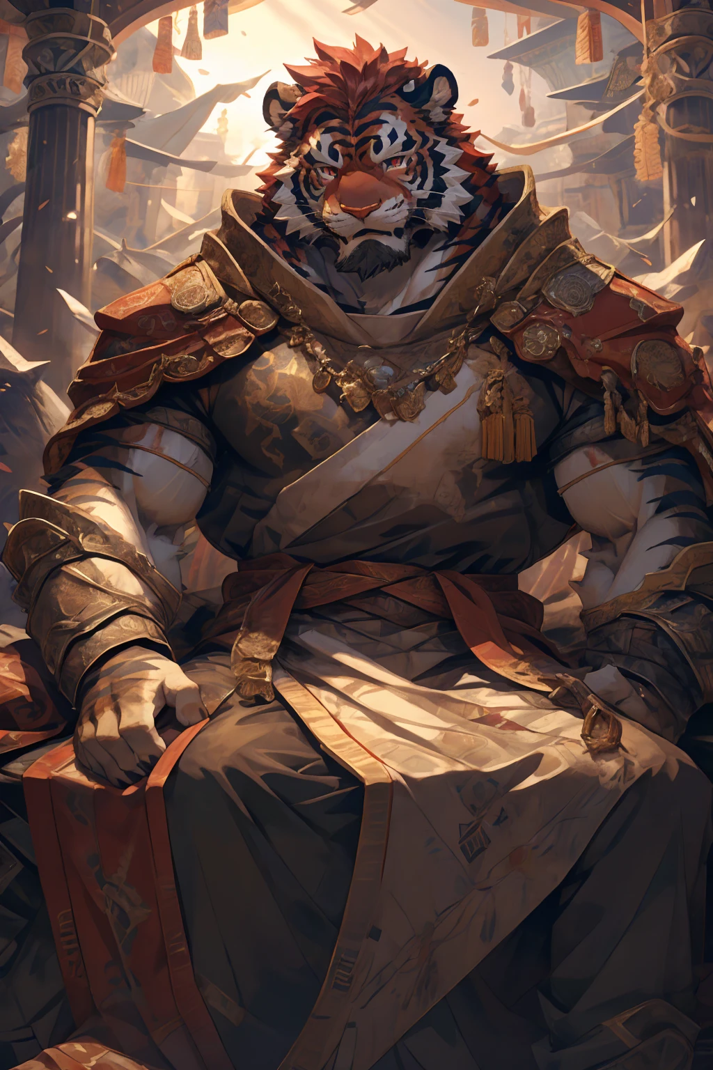 (赤红色tiger),(赤红流火Military commander战袍),Holding a long sword,Awesome posture,Sitting quietly on the edge of the cliff,(The background is a city with bright lights.:1.2),Abdominal muscles,Heroic飒爽,完美的masterpiece,Various  details,Close-up view,specific description,masterpiece,cg,(Red eyes),Crimson pattern,Crimson tail,Military commander,Heroic,tiger,Crimson fur,Detailed  details,Half Body,(赤红Military commander战履),(Long feather),((middle aged)),(Face Focus),(16K),HD,Red and white abdomen,temple,beard,(Face lines),Heterochromia,(Red battle robe),(Crimson hair),Strong,muscle,(high resolution:1.3),(Sitting on the cliff and looking at the lights of thousands of houses)