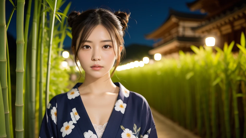 (1women), bun hair, (round eyes:1.2), (highly detailed face), (extremely detailed beautiful face), (floral pattern yukata), (Best Quality:1.4), (Ultra-detailed), extremely detailed CG unified 8k wallpaper, Realistic portrait, Beautiful detailed, High-definition raw color photos, professional photography, night sky, tanzaku, a bamboo thicket, (Japan's Tanabata, Tanabata night), tanzaku, beautiful milky way, bamboo, scenery, plant, (fine face:1.2), focus on women