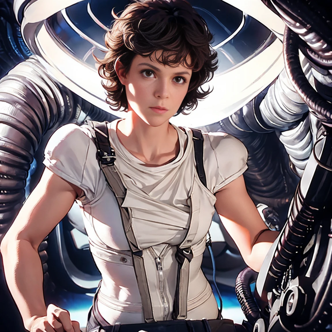 ((Xenomorph alien)) alien movie ((ellen ripley))  a woman 30 years hold wearing ((small white panties and white tight vest top)), brown wavy curly hair, hourglass body,  perfect hands perfect body perferct eyes, location in a futuristic space ship, big breast, cowboy shot position, mid distance shot, sensual look, extremely detailed, ultra-realistic,  cinematic lighting, realistic light