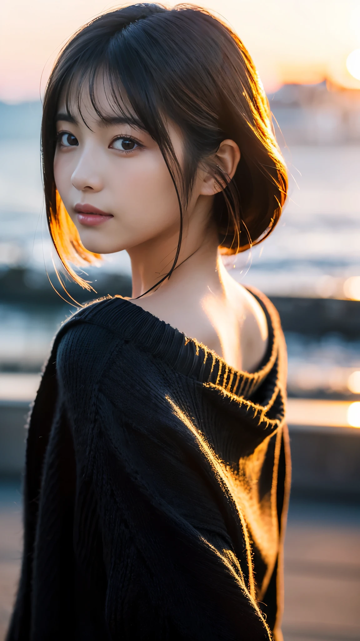 (masterpiece:1.2),(Highest quality),(Very detailed:1.2),(High resolution),(Photorealistic Stick),(RAW Photos),8K,Close-up of a woman in a black sweater,Soft portrait shots,Beautiful Japanese Women,Gorgeous face portrait,Eye light,Girl of the person himself,Very beautiful face,Beautiful portrait,A lovely and delicate face,Beautiful young Japanese woman,Mature hairstyle,look back(Sunset in the background),(((Blur the background))),(Gentle light),(Over the shoulder),(POV shot),((Dynamic hair movement:1.2))