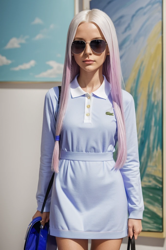 24 year old girl very long straight platinum hair with blue tips, blue eyes full glossy pink lips with vintage white sunglasses and a small matching handle bag, wears a dress inspired by a long blue wide-sleeved Lacoste polo shirt with large lilac squares and a yellow stripe with white buttons on the collar, lilac high socks with black loafers, painting in an art museum