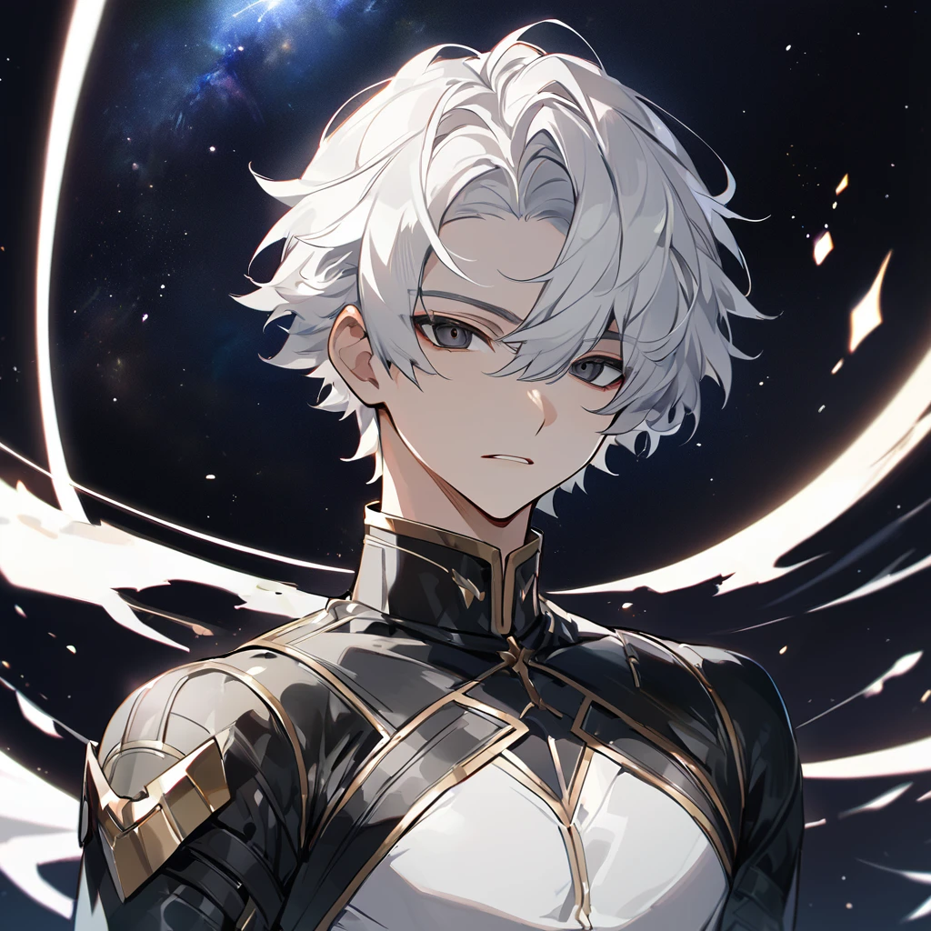 High quality, HD, 4k, no shadows, handsome male, 1male, , teenager, go lining, short white hair, sharp eyes, dark eyes, deep black eyes, devil may cry, close up, calm expression, stoic expression, black leather clothes, white leather clothing, lean body, well trained body, upper body, looking at viewer, cowboy shot, white solar, space background