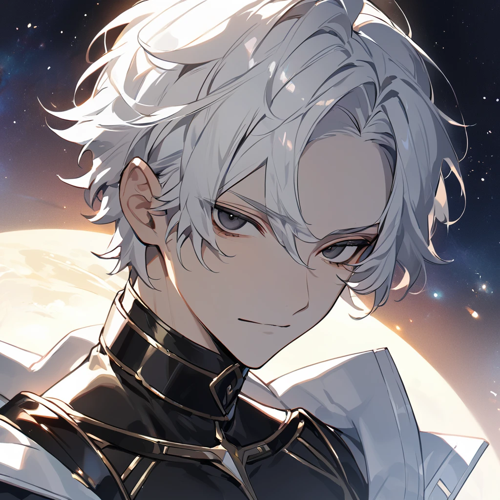 High quality, HD, 4k, no shadows, handsome male, 1male, 17 years old, teenager, golden lining, short white hair, sharp eyes, dark eyes, deep black eyes, devil may cry, close up, calm expression, stoic expression, black leather clothes, white leather clothing, lean body, well trained body, upper body, looking at viewer, cowboy shot, white solar, space background