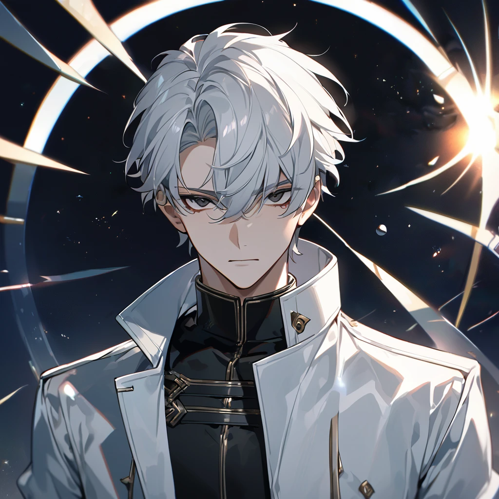High quality, HD, 4k, no shadows, handsome male, 1male, , teenager, go lining, short white hair, sharp eyes, dark eyes, deep black eyes, devil may cry, close up, calm expression, stoic expression, black leather clothes, white leather clothing, lean body, well trained body, upper body, looking at viewer, cowboy shot, white solar, space background