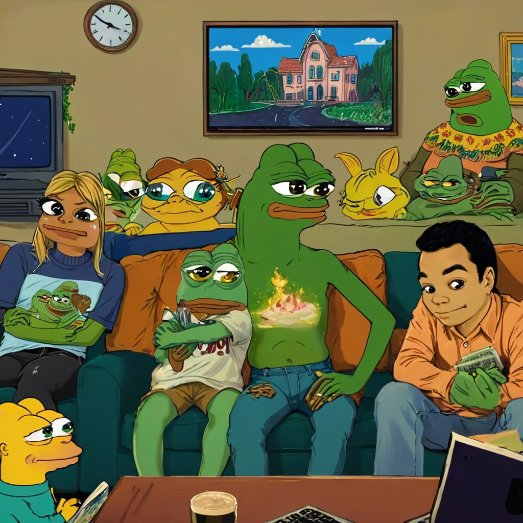 cartoon of a group of people sitting on a couch with a dog, modern cartoon tv show, 4 chan pepe, pepe the frog, pepe the frogs at war, video game fanart, ren and stimpy style, portrait of pepe the frog, poggers, 90s cartoon, videogame still, (((pepe frog))), as if lisa simpson came to life, original simpsons cartoon