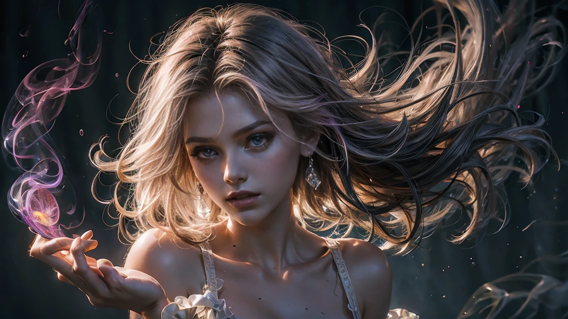 Beautiful and colorful woman: 21 years old woman, messy hair, oil painting, beautiful and perfect face with soft skin, perfect face, orange eyes, light and violet magnetic additions, light red additions, Cosplay, wearing sexy lingerie or see-through nightgown, holding fluorescent crystal rock, intricate details home screen masterpiece in 8k resolution beautiful face digital painting photorealistic art station smooth fluid black paint: photorealistic masterpiece in 8k resolution: intricately detailed fluid gouache painting: by John Baptist Mongue: calligraphy : acrylic: watercolor art, professional photography, natural lighting, volumetric lighting maximalist photo illustration: by Marton Bobzert: complex, elegant, expansive, Fantastic