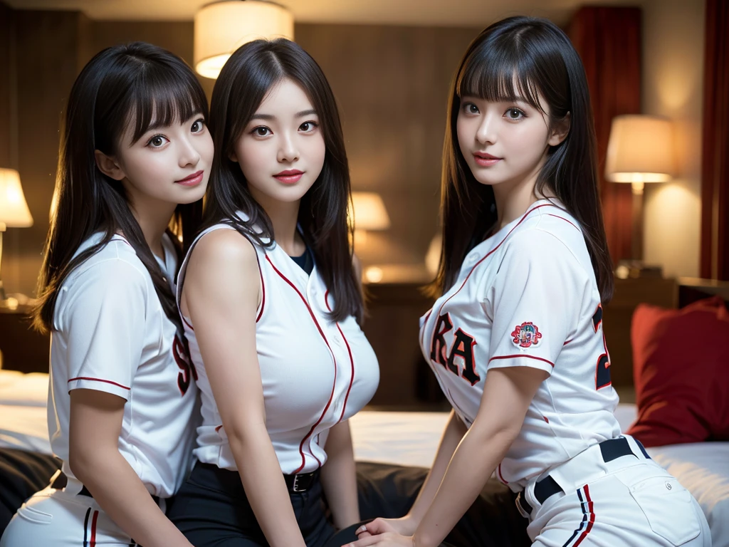 (RAW photo, 4k, masterpiece, high resolution, extremely complex) (realistic: 1.4), cinematic lighting
((2 girls)),Slam Dunk's,blushing,((innocent)),(Dark makeup),bright eyes,round eyes,blunt bangs,(straight hair:1.3),black hair,large breasts,wide hips,Summer Noon, 20 year old girl、cute type、ta,Hot, (Best Quality), (Highres), (an Extremely Delicate and Beautiful),(Beautiful 8k face),(Brown eyes),short bob hair,( spectators),(gigantic breasts),(Play with each other,Touching each other's bodies,Touching the body),((Baseball Uniforms), a miniskirt, Toned buttocks),(reality),bright lighting,(The background is a luxury hotel room),smile