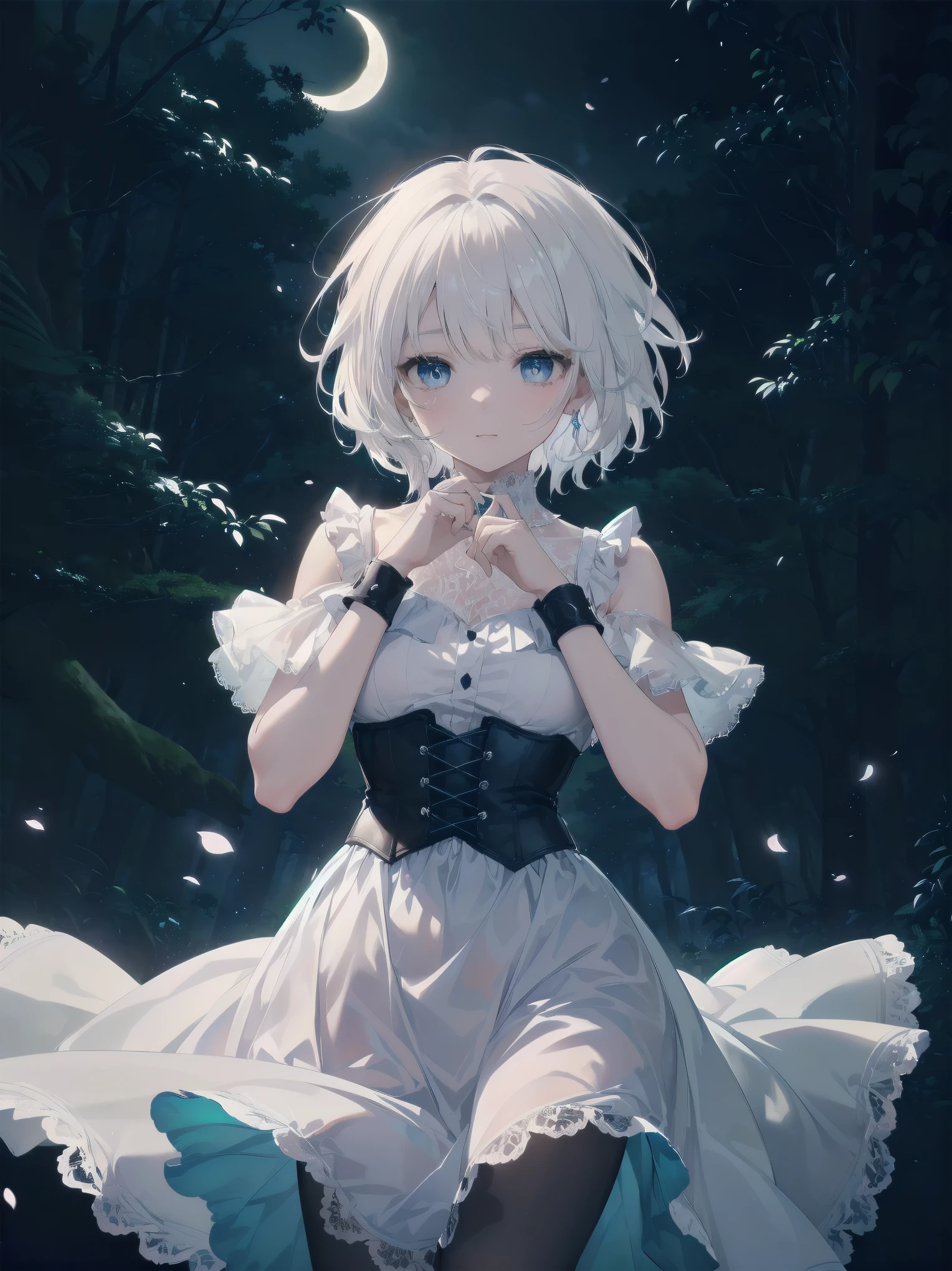 masterpiece、Highest quality、Beautiful expression、Absurd、Extraordinary World、Beauty、solo、Idol、(Cowboy Shot、Light blue ruffle lace long dress、white collar、White Ruffled Cuff、particle:1.5)、(bloom、Shine:1.4)、(Laughter)、(Short white hair、blue eyes:1.7)、Sharp focus、Photorealistic、High resolution、Most detailed、Very detailed、Detailed face and eyes、Sharp pupils、Realistic student、Sharp focus、 Shiny skin、Black Corset、Black pantyhose、(Dark Forest、moon、Dark Background:1.5)、Rim Light、dynamic, Cinema Lighting