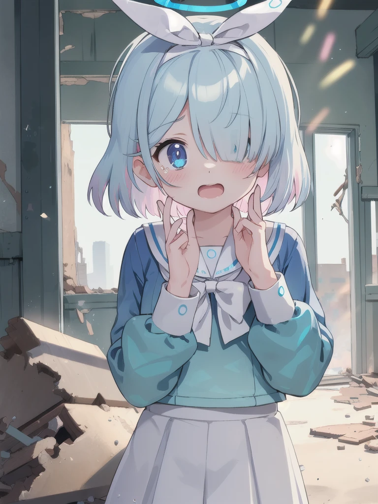 masterpiece,Highest quality,Dilapidated school building,1 Girl,Halo,Cry with your eyes open,Open your mouth,Blue school shirt,Long sleeves,White Skirt,Focus on face,