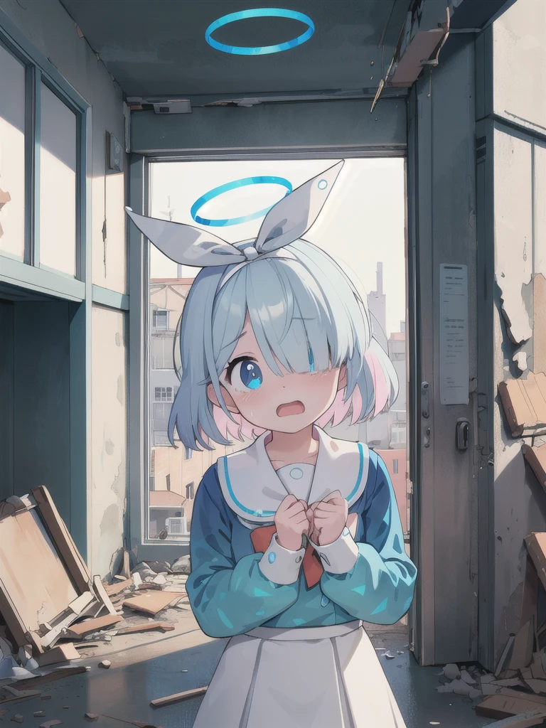 masterpiece,Highest quality,Dilapidated school building,1 Girl,Halo,Cry with your eyes open,Open your mouth,Blue school shirt,Long sleeves,White Skirt,Focus on face,