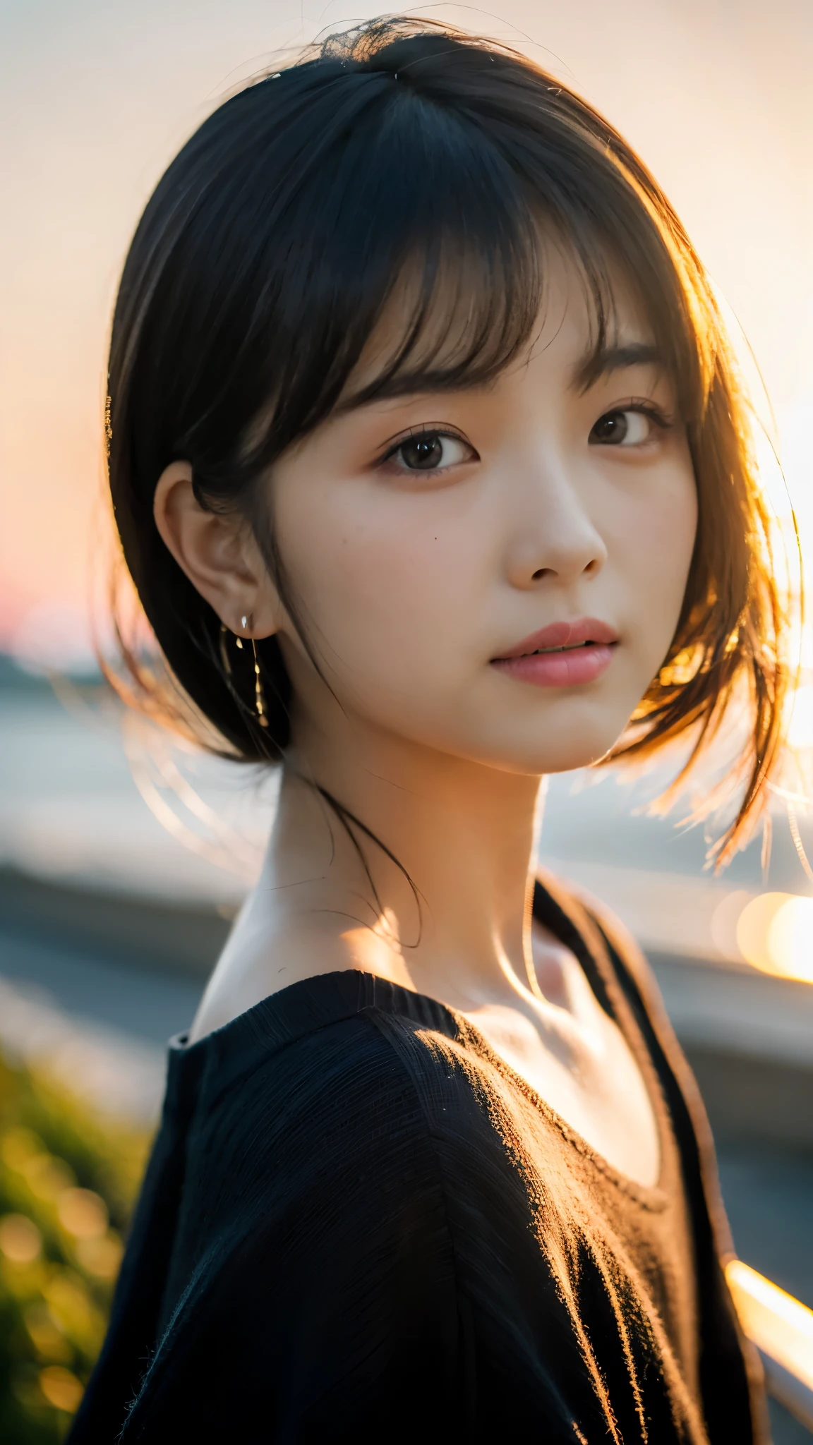 A close up of a woman with a black shirt and earrings - SeaArt AI