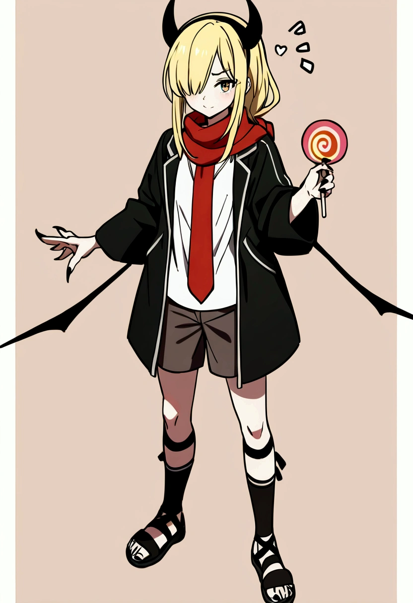 masterpiece,best quality,highly detailed,score_9,score_8_up,score_7_up,score_6_up,highly detailed,cinematic,source anime,
BREAK
2boys,
mohg lord of blood,red scarf,horns,bat wings,height difference,holding candy,standing,holding lollipop,swirl lollipop,full body,black coat,one eye covered,demon horns,claws,sharp fingernails BREAK
miquella,braid,long hair,white shirt,blonde hair,shorts,black footwear,sandals,fake animal ears,
falling cards,beige background,white border,