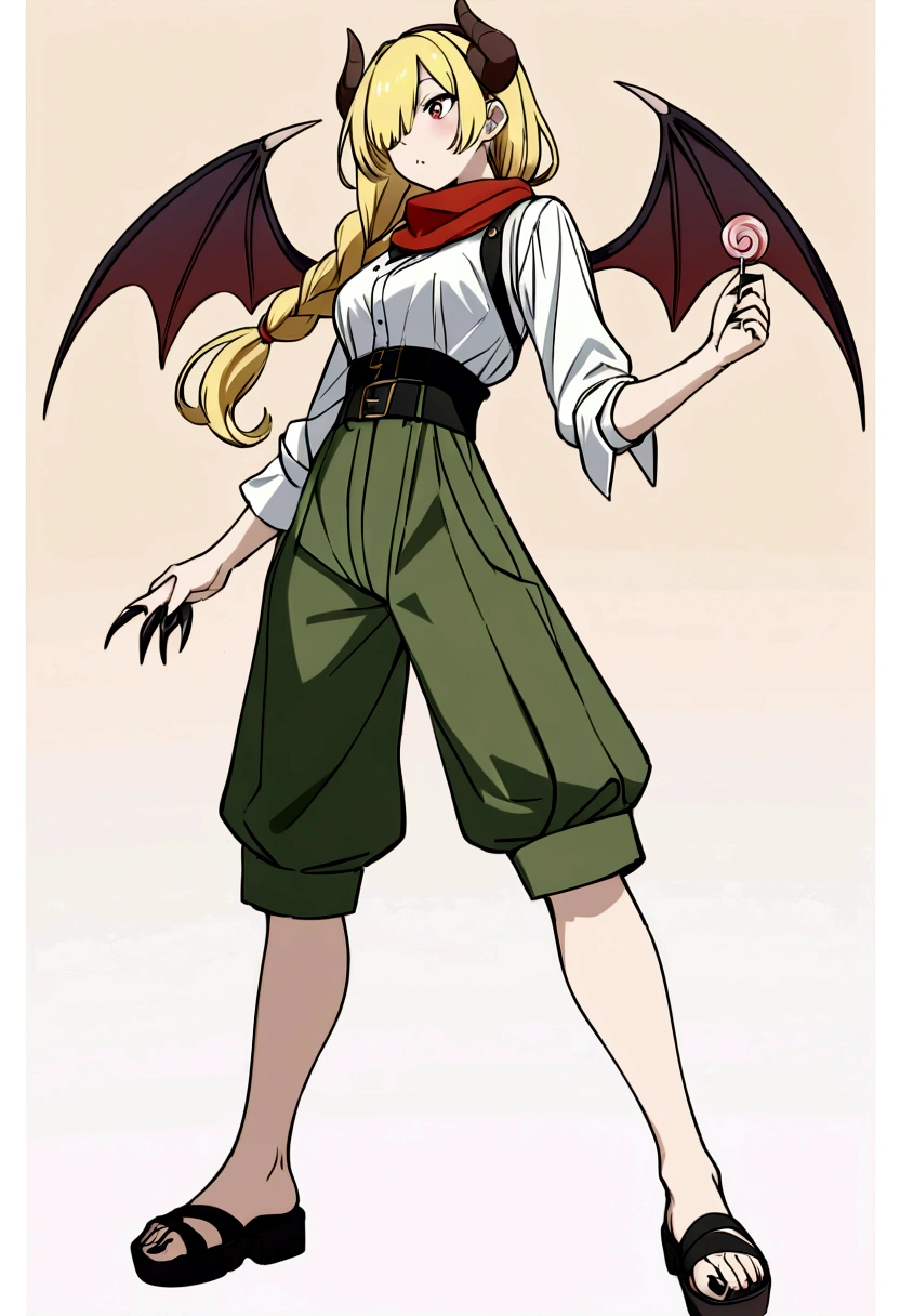 masterpiece,best quality,highly detailed,score_9,score_8_up,score_7_up,score_6_up,highly detailed,cinematic,source anime,
BREAK
2boys,
mohg lord of blood,red scarf,horns,bat wings,height difference,holding candy,standing,holding lollipop,swirl lollipop,full body,black coat,one eye covered,demon horns,claws,sharp fingernails BREAK
miquella,braid,long hair,white shirt,blonde hair,shorts,black footwear,sandals,fake animal ears,
falling cards,beige background,white border,