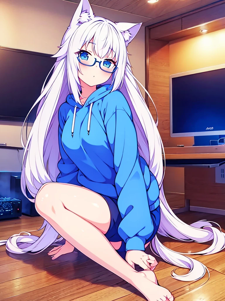 vtuber nekomimi beautiful blue sweatshirt blue shorts beautiful girl blue eyes long white hair with glasses perfect anatomy in room in front of pc gaming