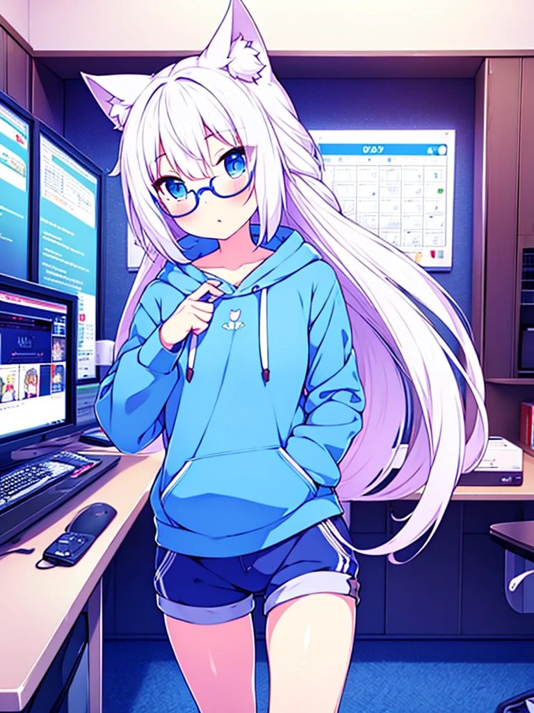 vtuber nekomimi beautiful blue sweatshirt blue shorts beautiful girl blue eyes long white hair with glasses perfect anatomy in room in front of pc gaming