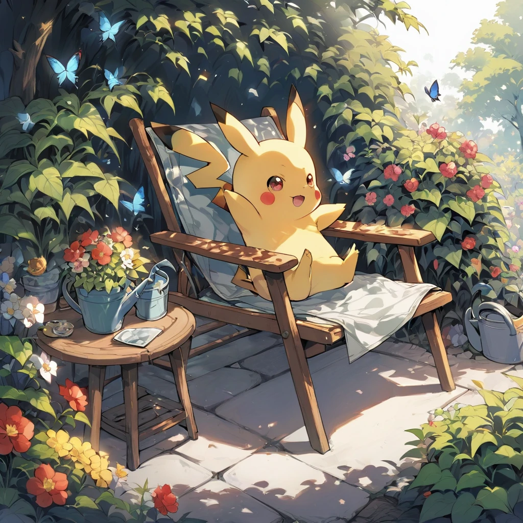 ((Light Contrast: 1.4)), BREAK {Draw a delightful illustration of Pikachu relaxing in a garden chair. Pikachu should be surrounded by blooming flowers and greenery, sitting comfortably with a smile. Include details like a watering can, garden tools, and butterflies flying around. The overall vibe should be fresh and lively}