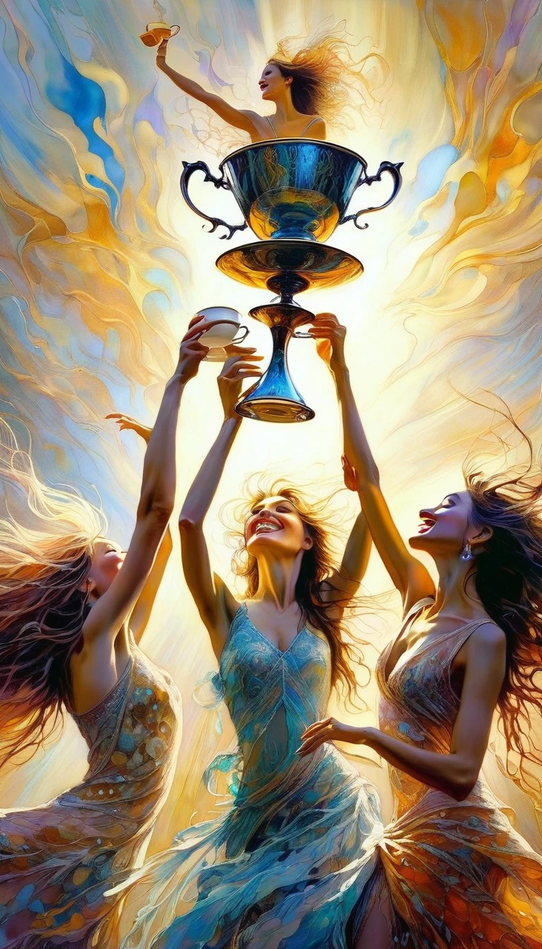 three women have fun and dance, each raising a cup of liquor to the sky, luxurious cups (art inspired by Brian Froud and Carne Griffiths and Wadim Kashin, intricate details, oil painting)