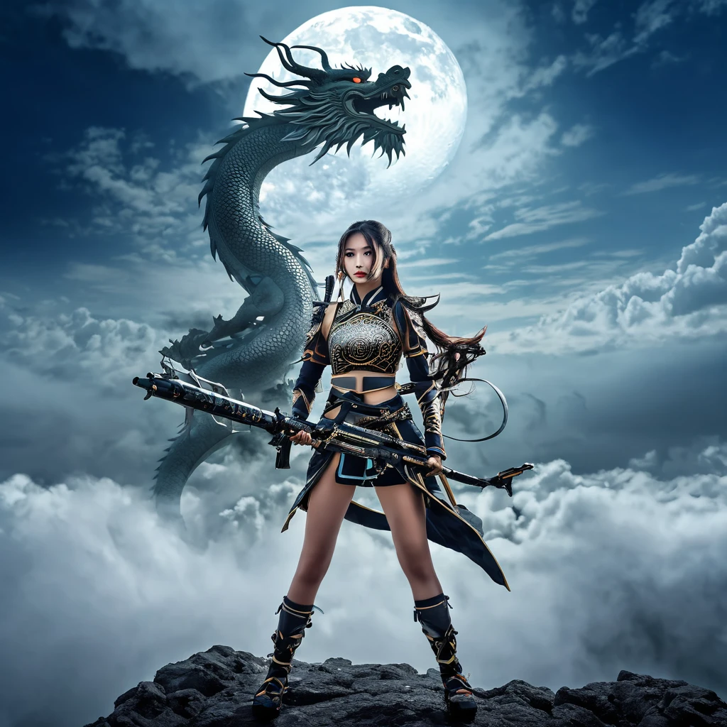 Top light, Vision (Shooting from bottom up), girl, Equipped with a weapon, Outdoor, Are standing, Clouds , null, cloudy null, animal, Oriental Dragon, monster, fog,moon