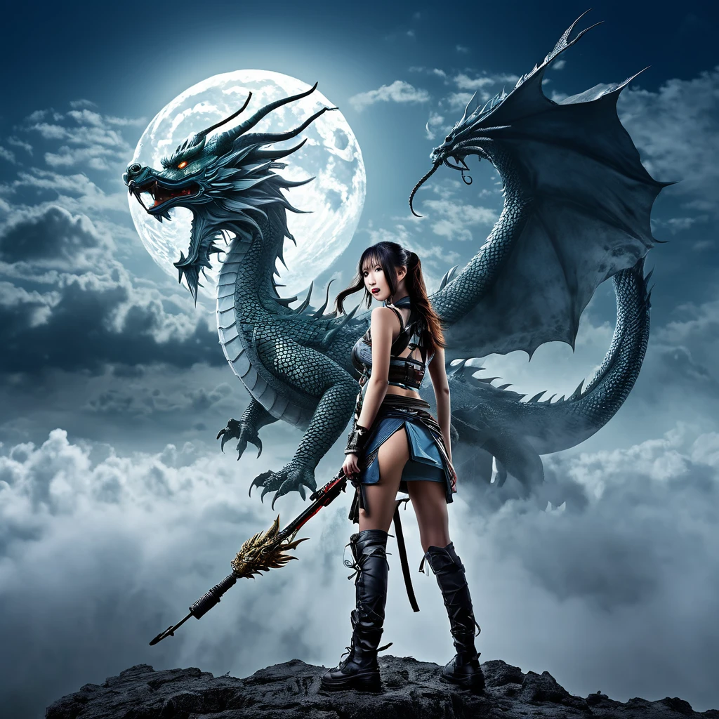 Top light, Vision (Shooting from bottom up), girl, Equipped with a weapon, Outdoor, Are standing, Clouds from behind, null, cloudy null, animal, Oriental Dragon, monster, fog,moon