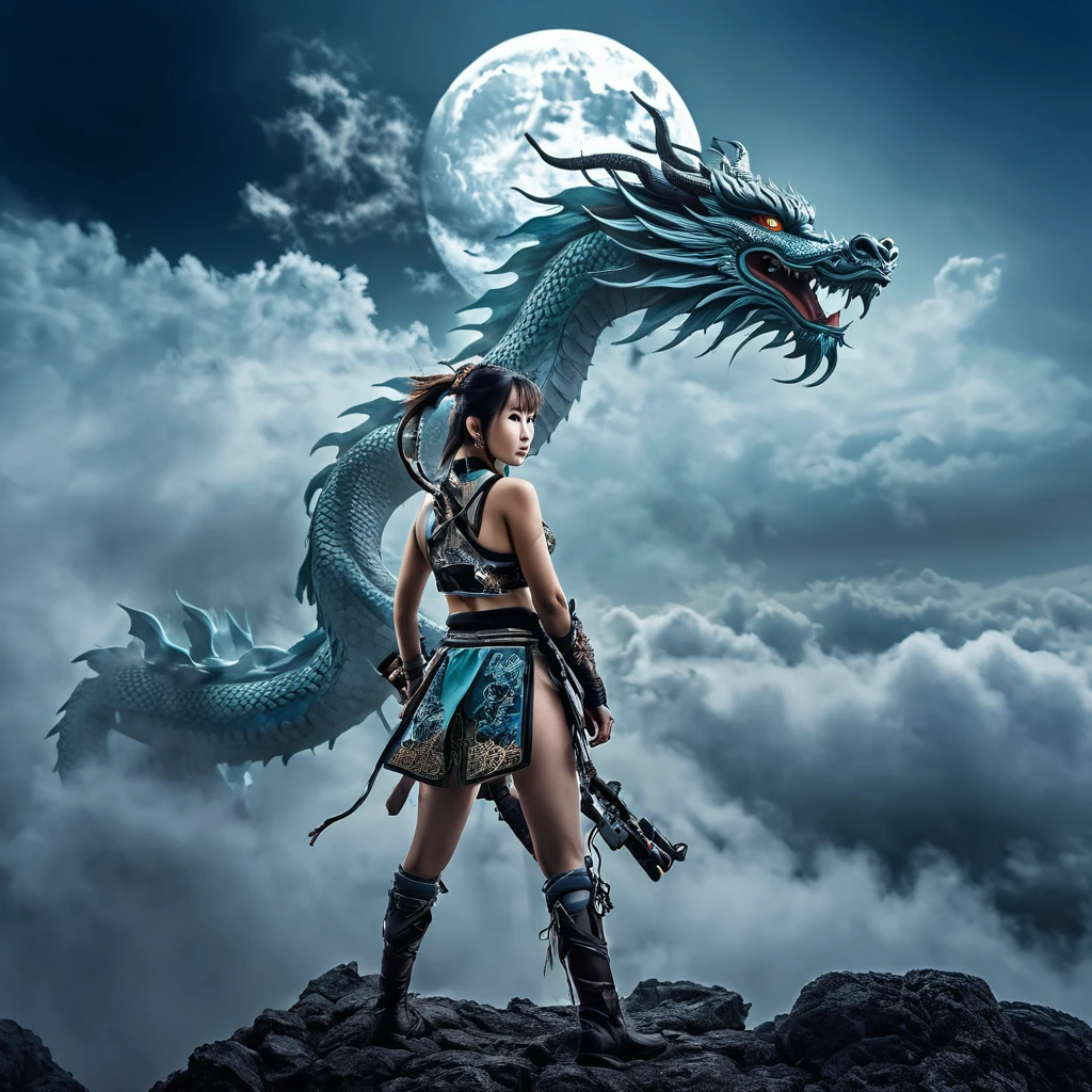 Top light, Vision (Shooting from bottom up), girl, Equipped with a weapon, Outdoor, Are standing, Clouds from behind, null, cloudy null, animal, Oriental Dragon, monster, fog,moon