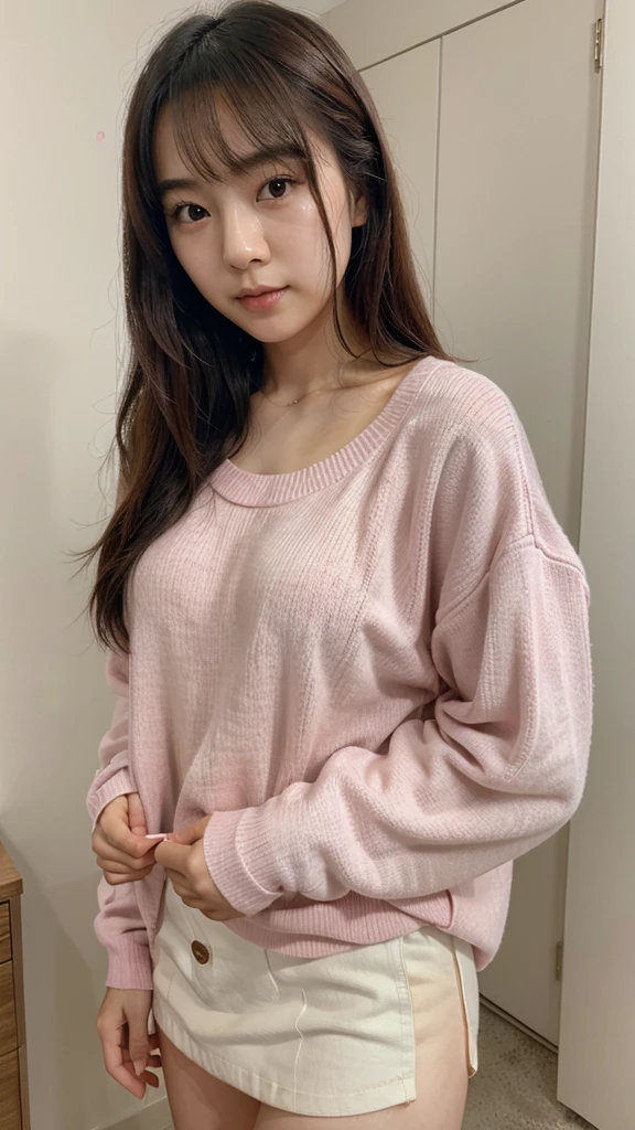 prompt .beautiful Korean girl , wearing a loose pink sweater , and there&#39;s a name "Khusnul "its glowing black ,blonde hair in a loose bun , smiling sweetly at the camera, be grounded in the room at night